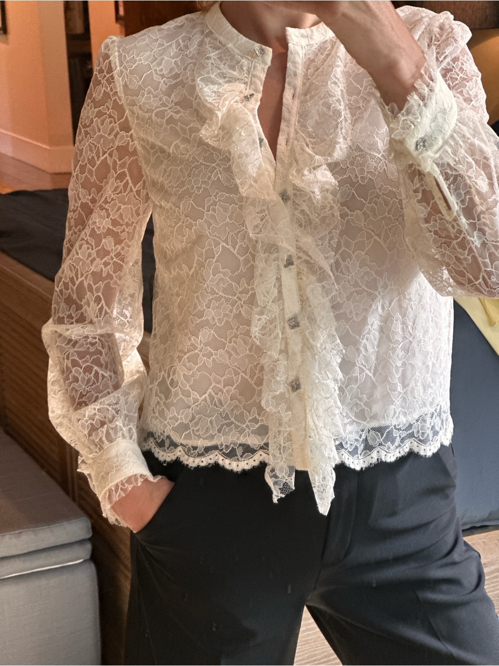 NWT BCBG Delicate White Lace Ruffle Front Blouse